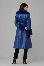 Women's Blue Shearling Leather Coat with Fur Collar