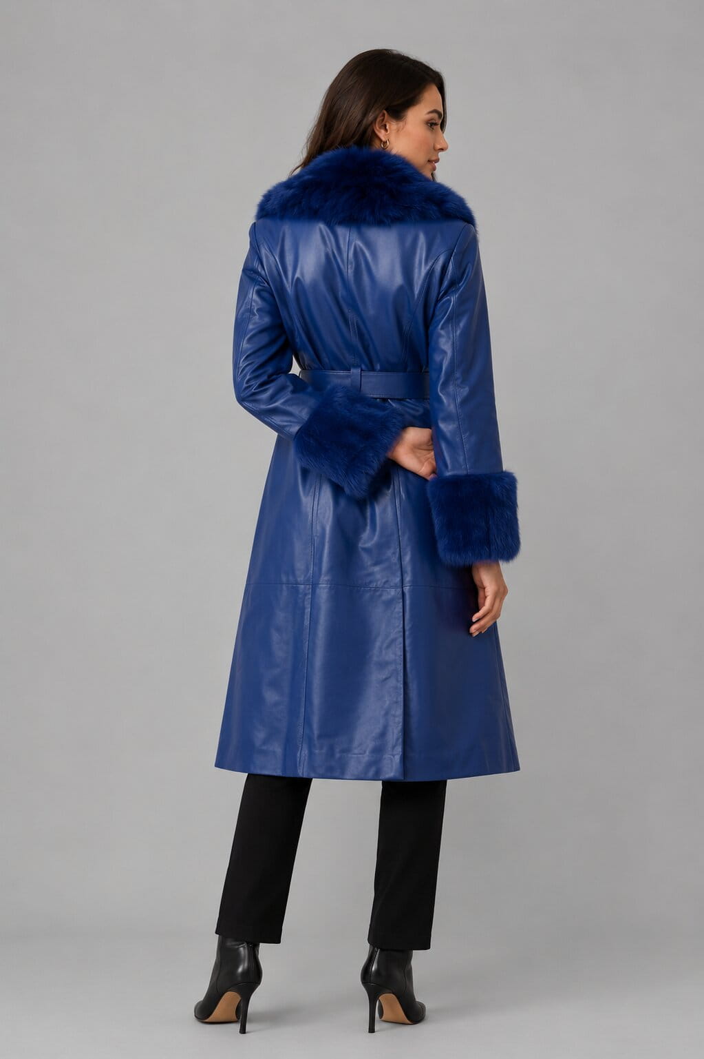 Women's Blue Shearling Leather Coat with Fur Collar
