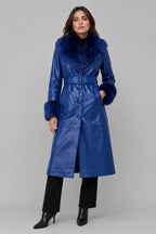Women's Blue Shearling Leather Coat with Fur Collar