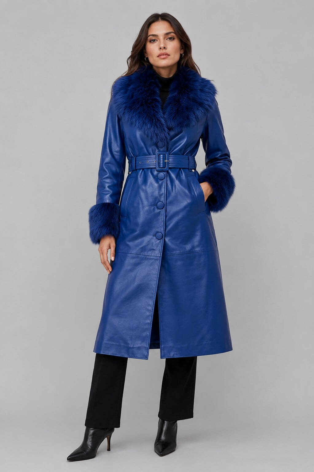 Women's Blue Shearling Leather Coat with Fur Collar