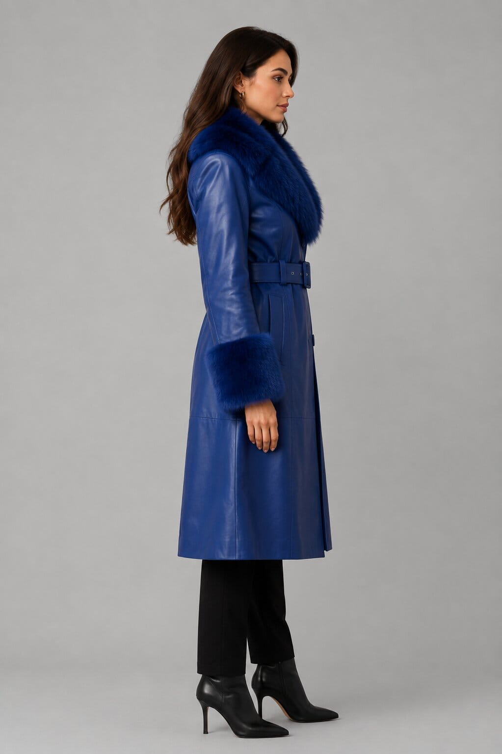 Women's Blue Shearling Leather Coat with Fur Collar
