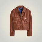 Women's Brown Cropped Leather Trucker Styled Shirt