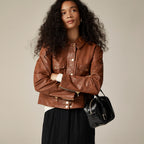 Women's Brown Cropped Leather Trucker Styled Shirt
