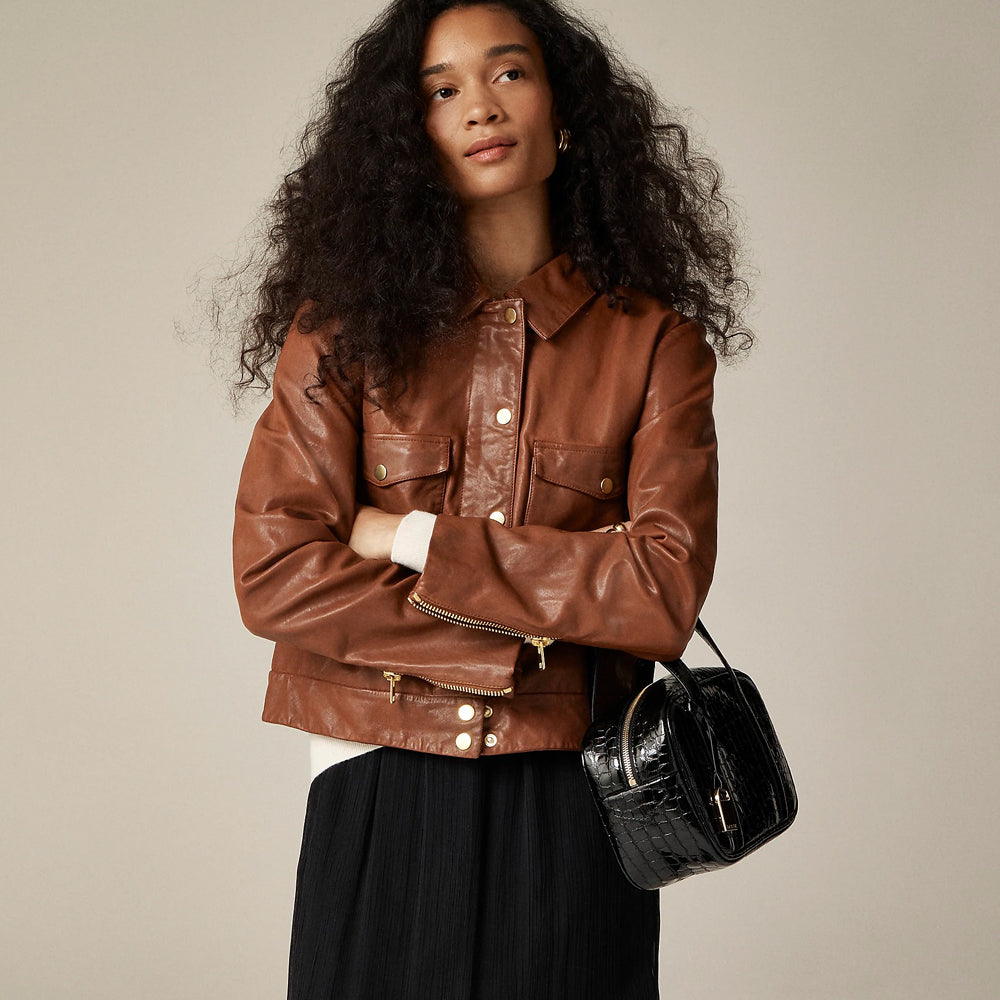 Women's Brown Cropped Leather Trucker Styled Shirt