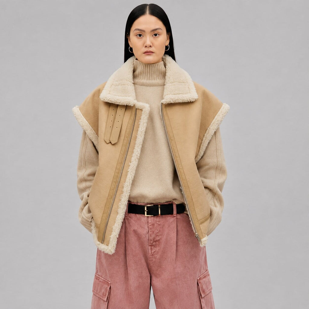 Women’s Camel Shearling Leather Vest Thick Fur Sheepskin Winter Wear