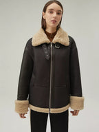 Women’s Matte Black Leather Shearling Big Collar Fur Coat