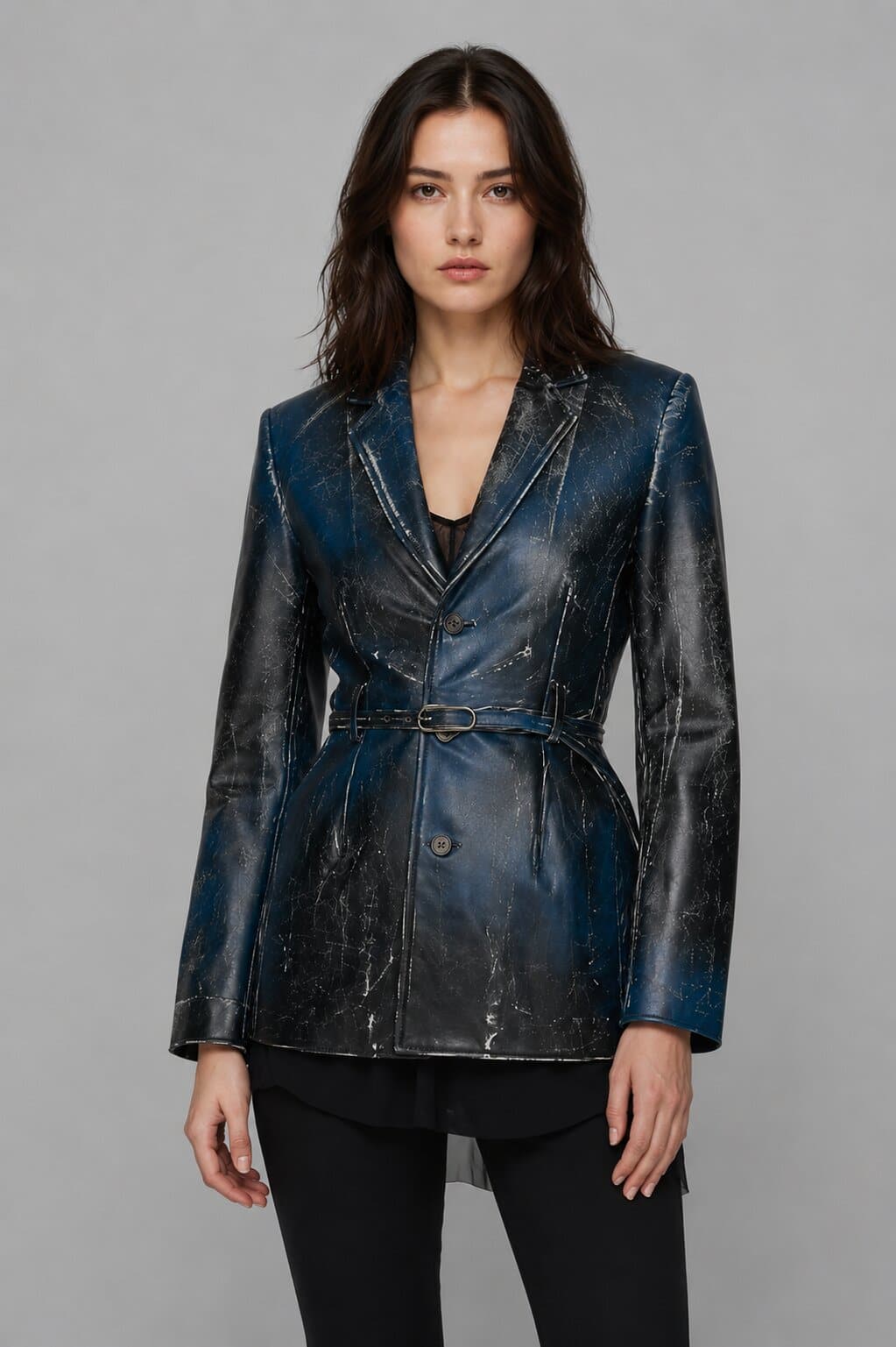 Women’s Distressed Blue Leather Blazer - Classic Design