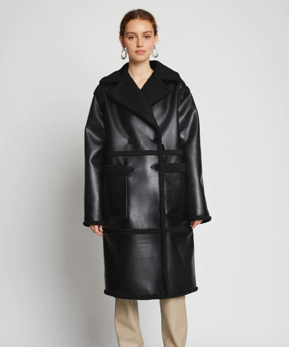 Women's Black Sherpa Leather Duster Coat - Trench & Shearling