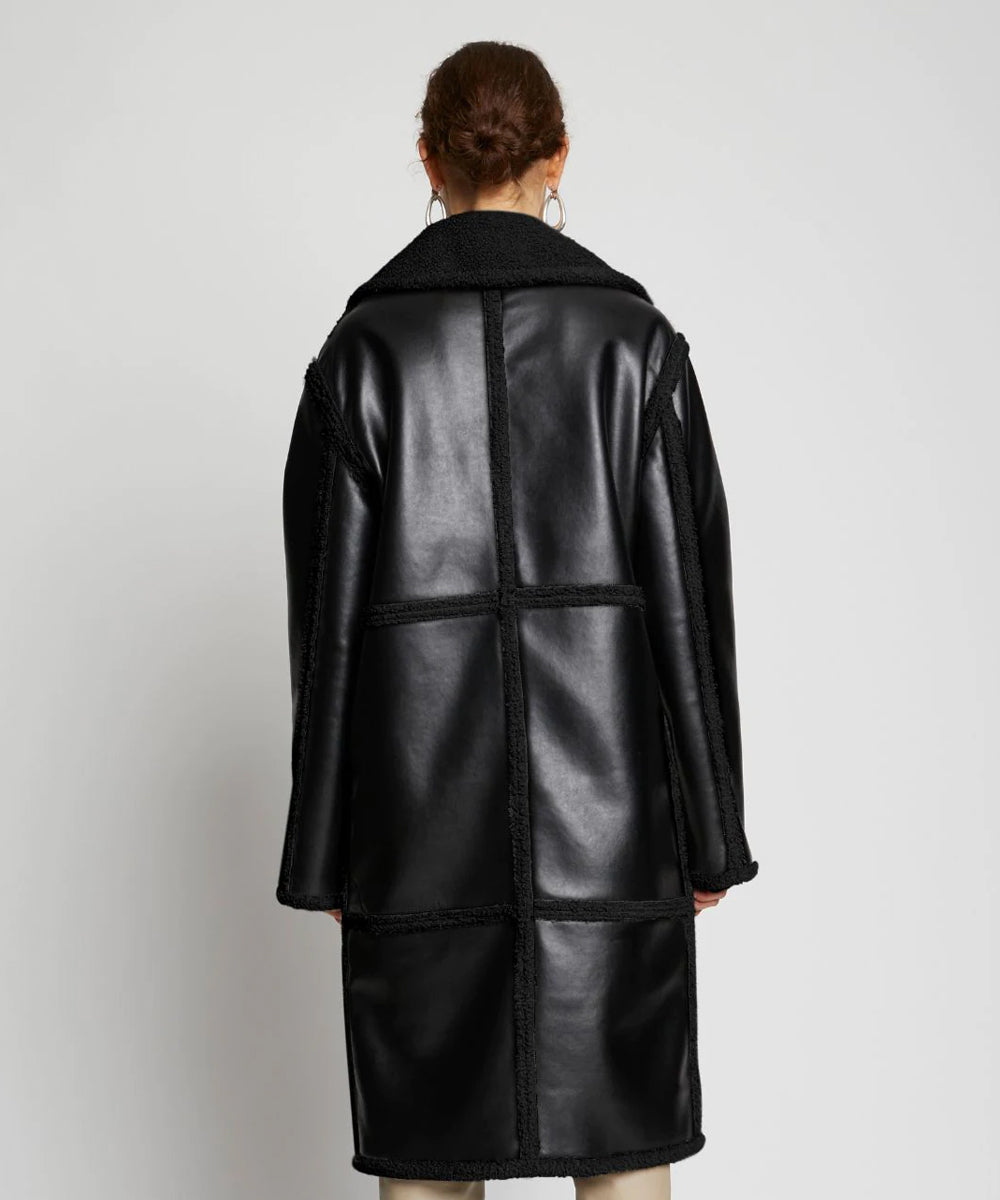Women's Black Sherpa Leather Duster Coat - Trench & Shearling