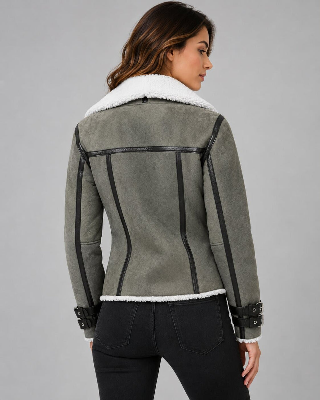 Women's Grey Shearling Leather Jacket - Classic Winter Style