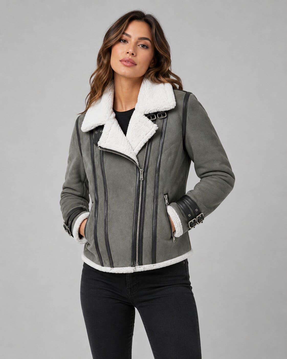 Women's Grey Shearling Leather Jacket - Classic Winter Style