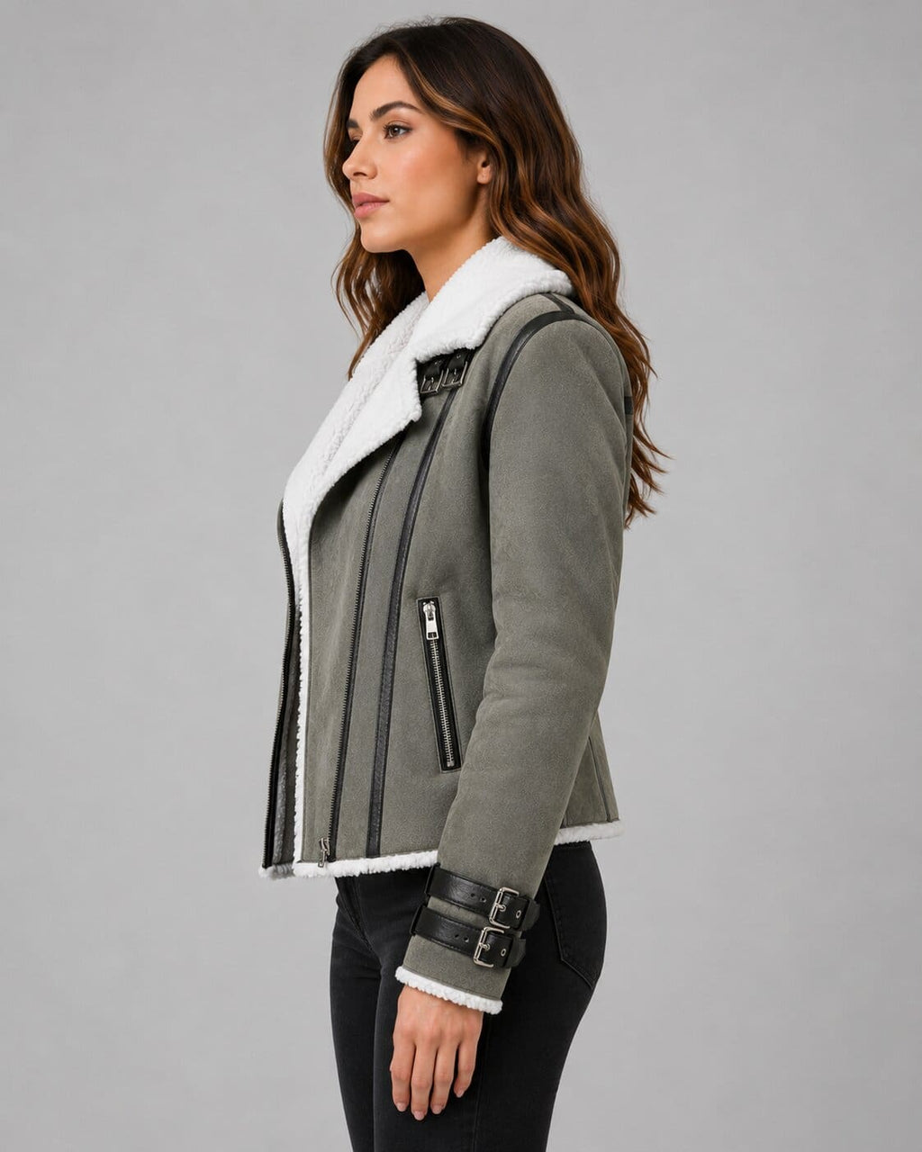 Women's Grey Shearling Leather Jacket - Classic Winter Style