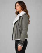 Women's Grey Shearling Leather Jacket - Classic Winter Style