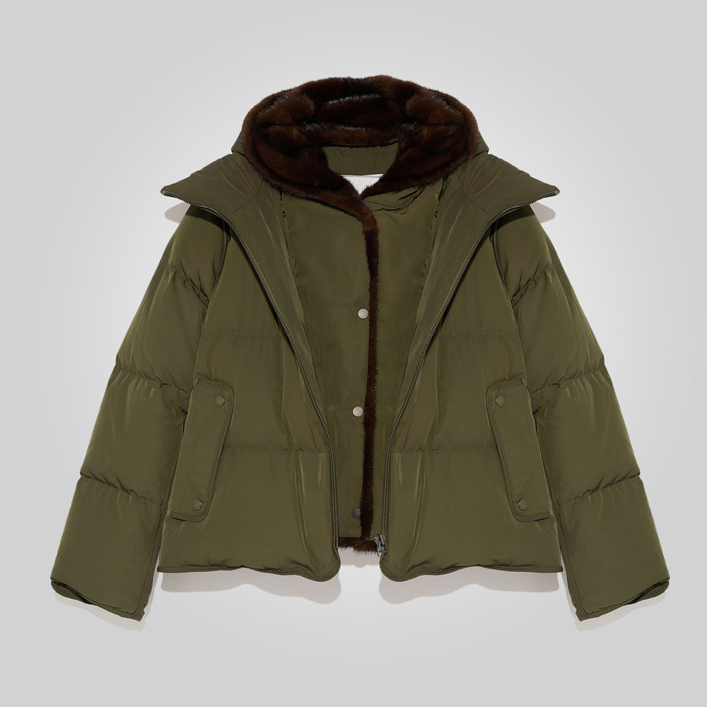 Women's Khaki Parka Down Jacket With Fur Lining