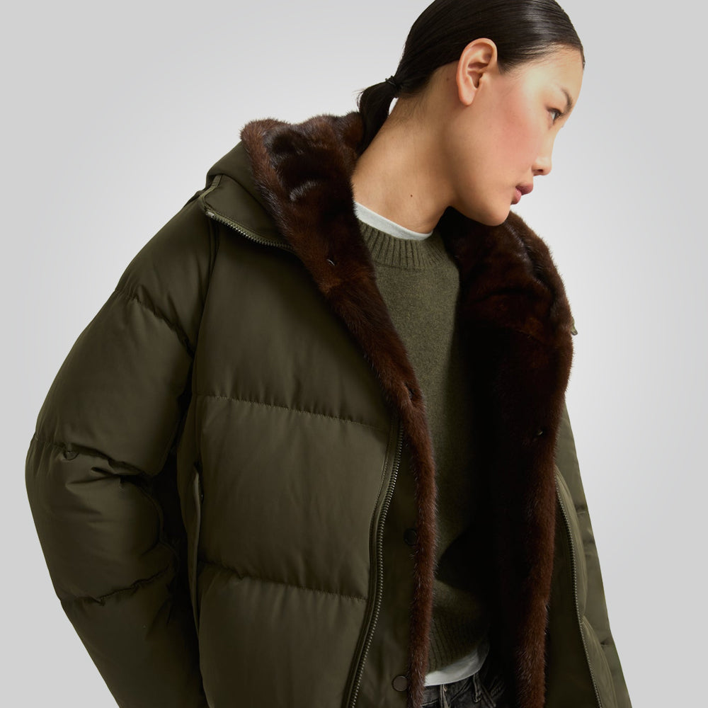 Women's Khaki Parka Down Jacket With Fur Lining