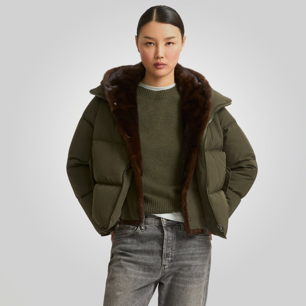 Women's Khaki Parka Down Jacket With Fur Lining