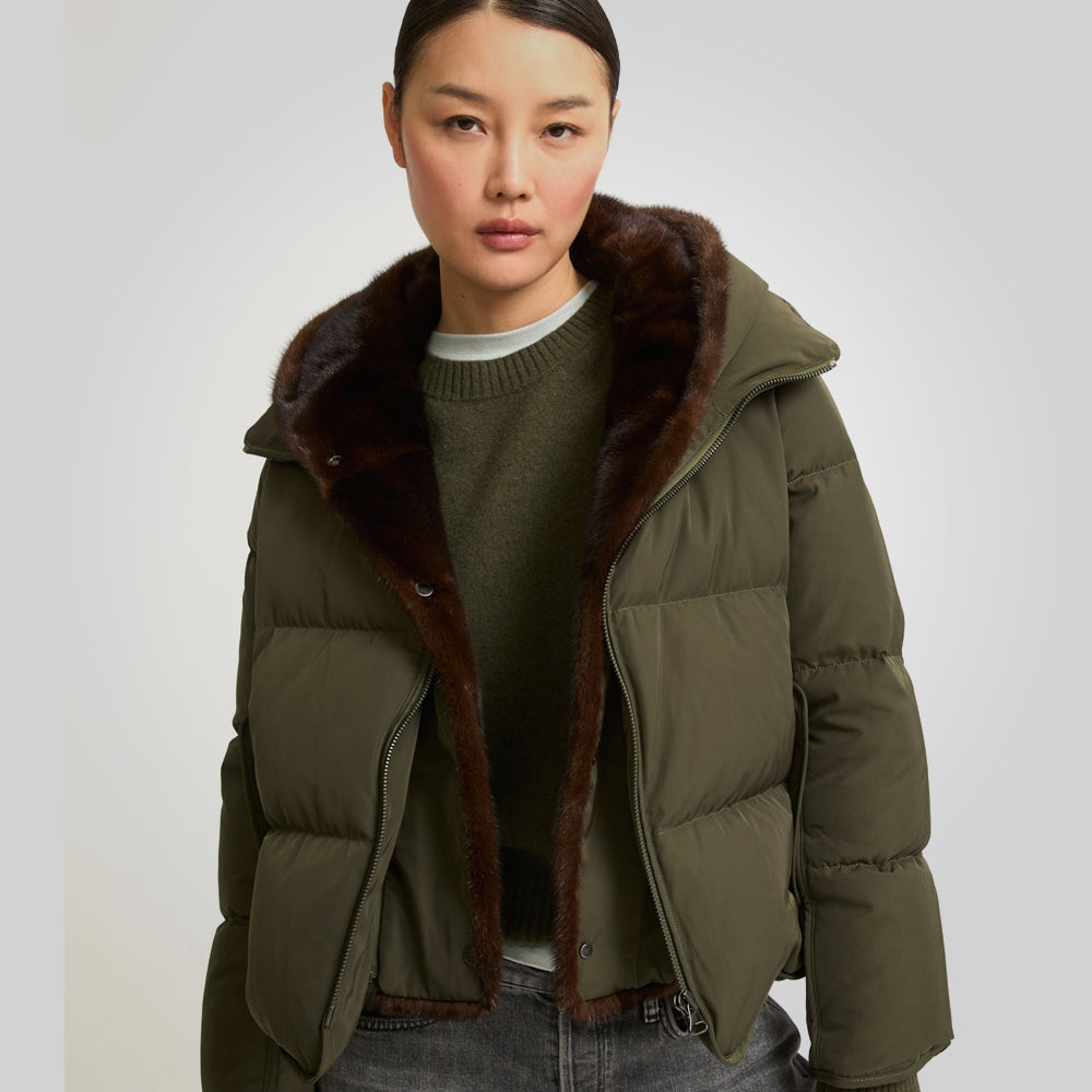 Women's Khaki Parka Down Jacket With Fur Lining