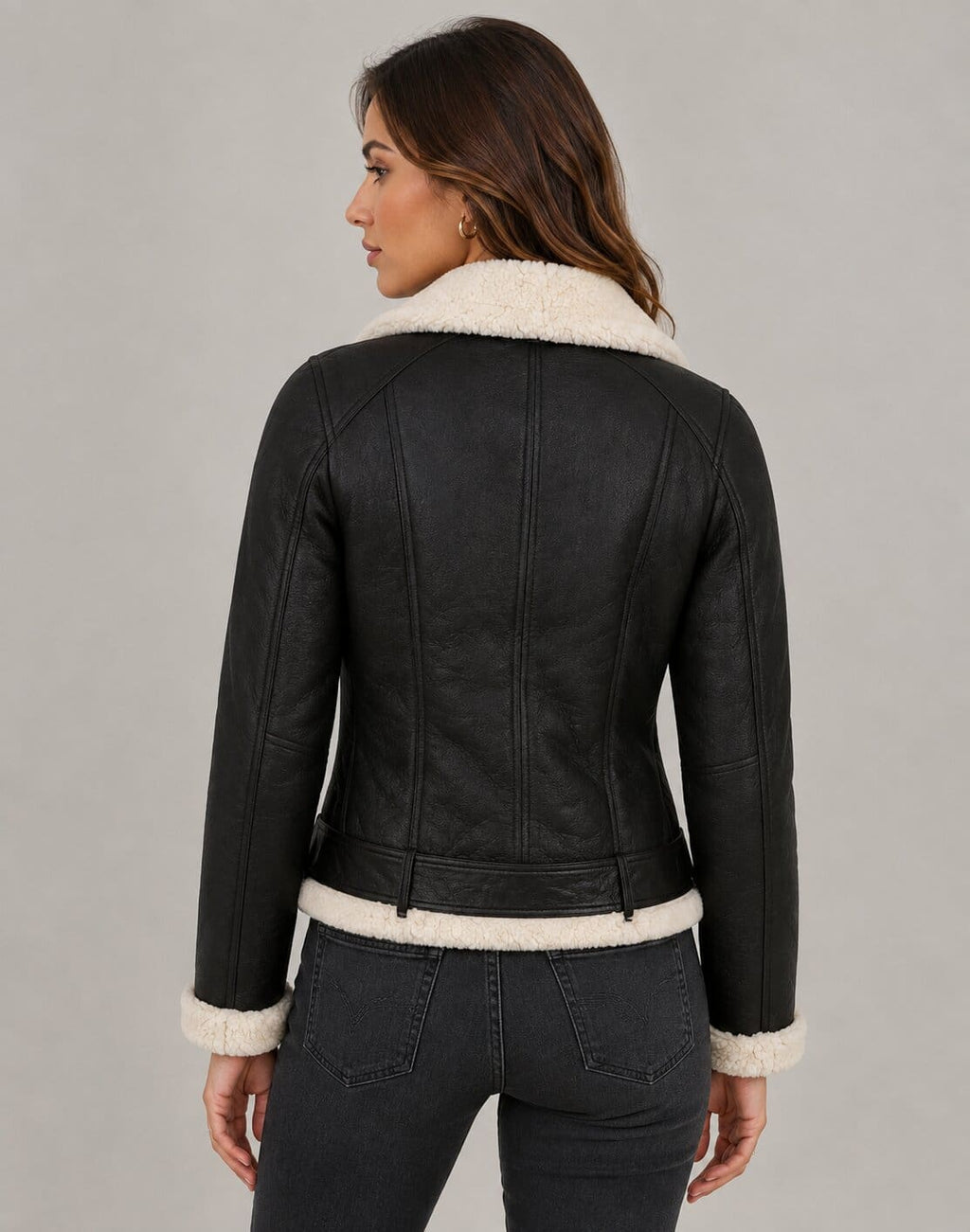 Women's Leather Shearling Biker Jacket - Faux Fur Lined Design