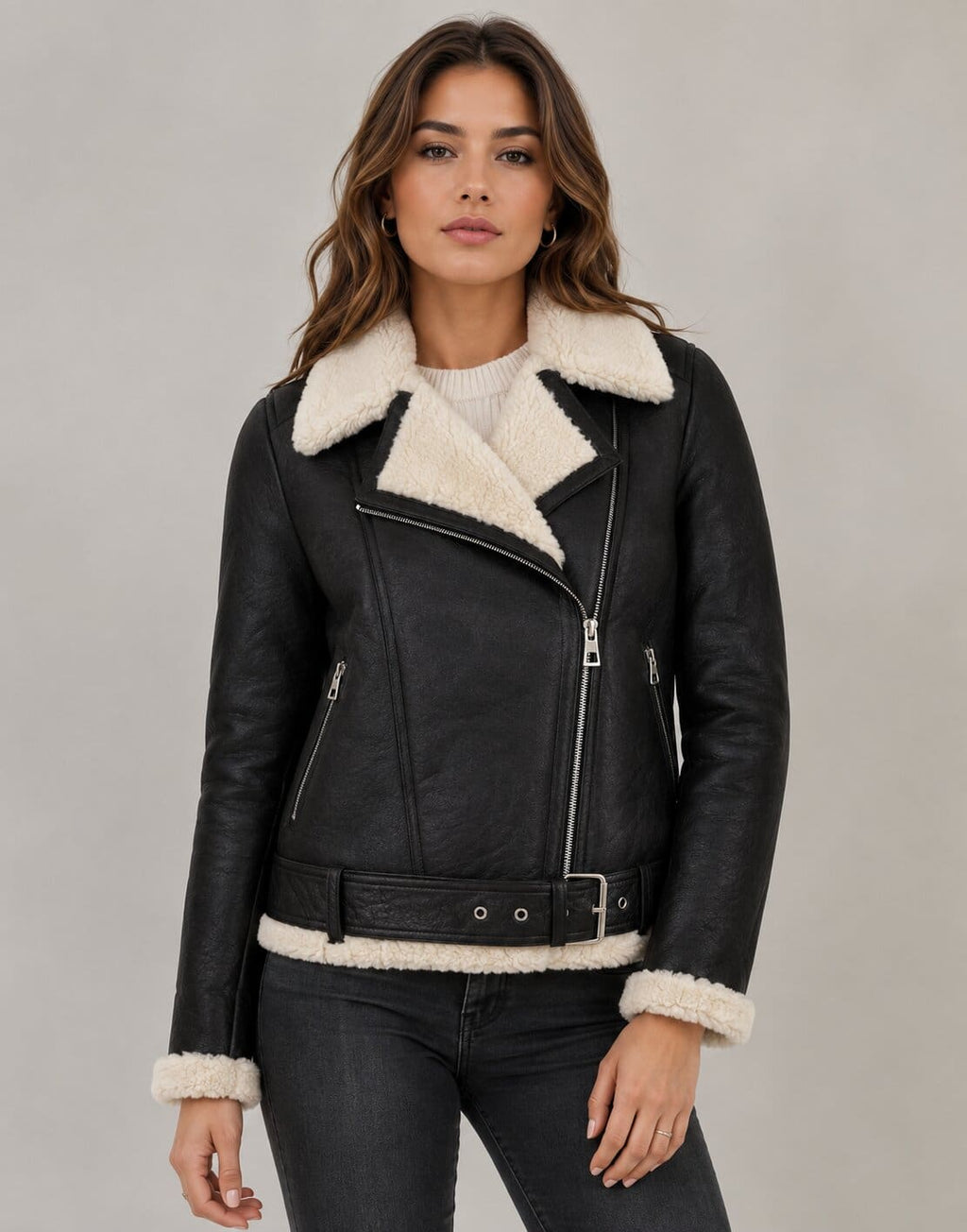 Women's Leather Shearling Biker Jacket - Faux Fur Lined Design