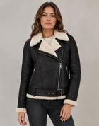 Women's Leather Shearling Biker Jacket - Faux Fur Lined Design