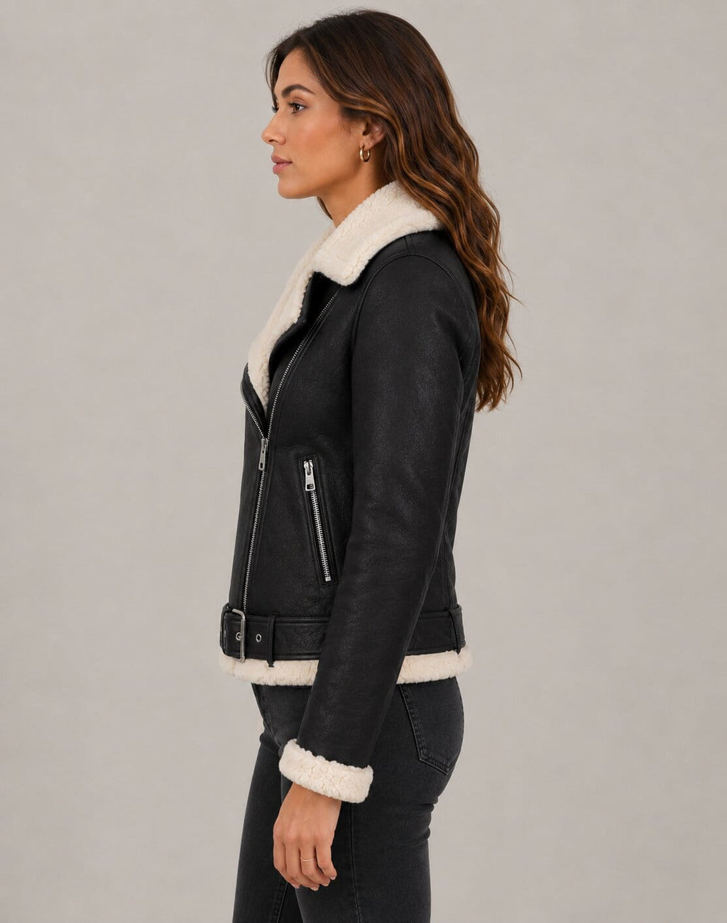 Women's Leather Shearling Biker Jacket - Faux Fur Lined Design