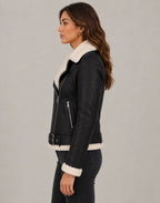 Women's Leather Shearling Biker Jacket - Faux Fur Lined Design