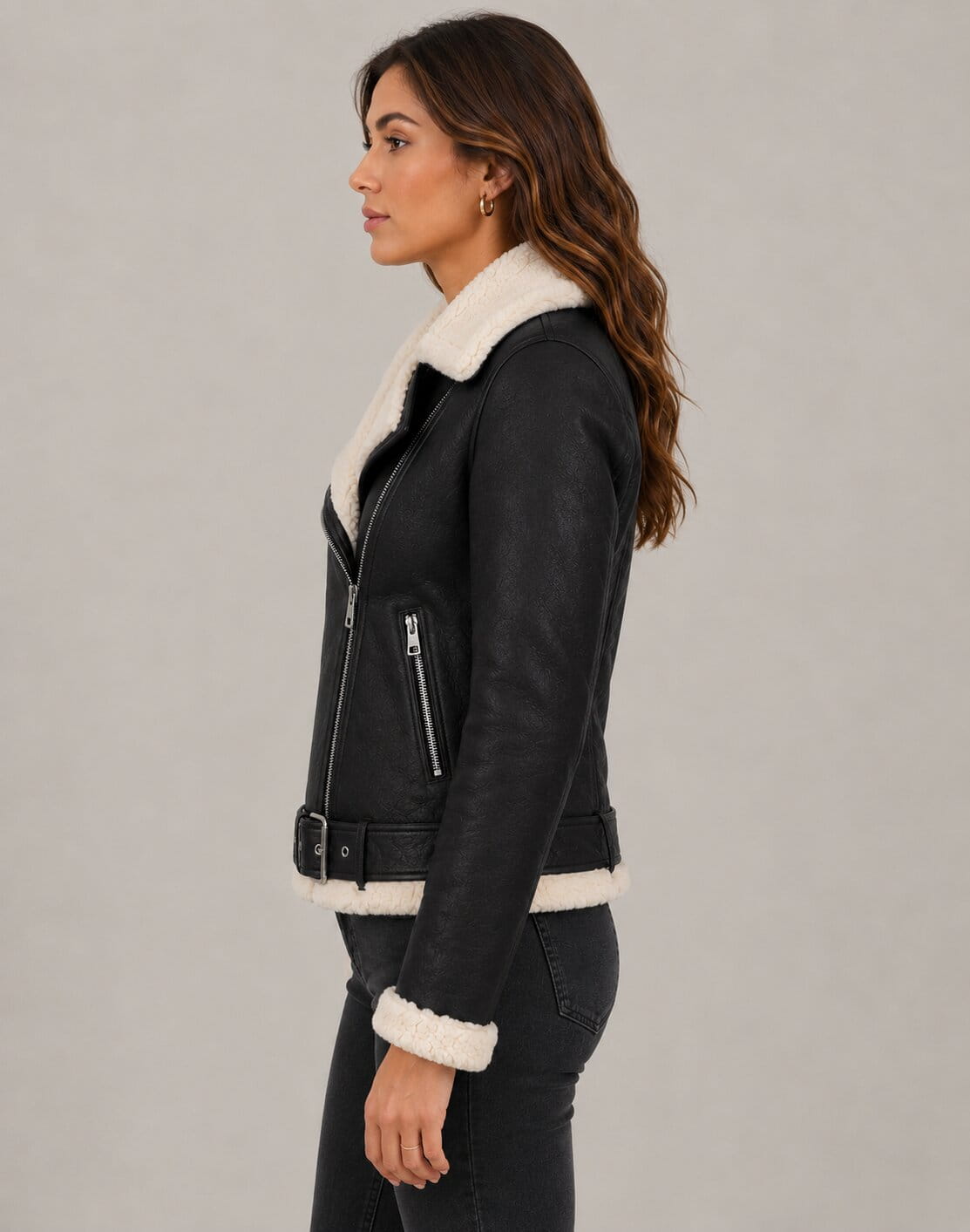 Women's Leather Shearling Biker Jacket - Faux Fur Lined Design