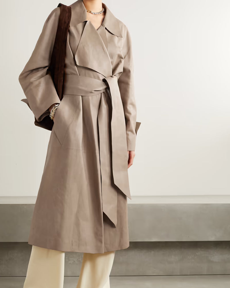 Women's Light Brown Leather Long Coat - Elegant & Sophisticated