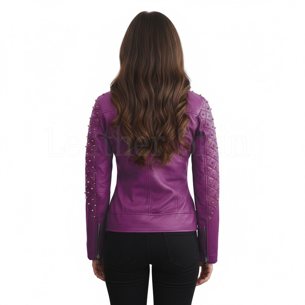 Royal Amethyst Quilted Leather Biker Jacket – Purple Moto with Gold Hardware