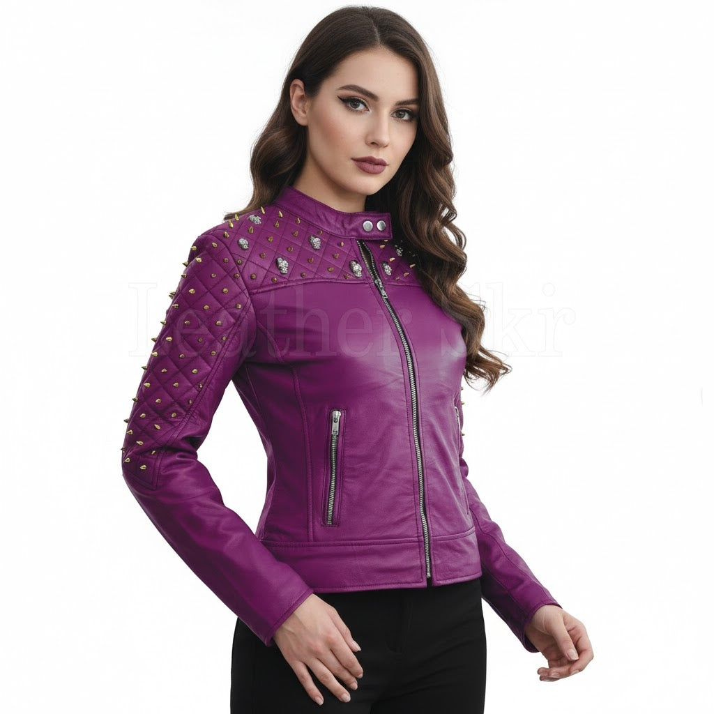 Royal Amethyst Quilted Leather Biker Jacket – Purple Moto with Gold Hardware