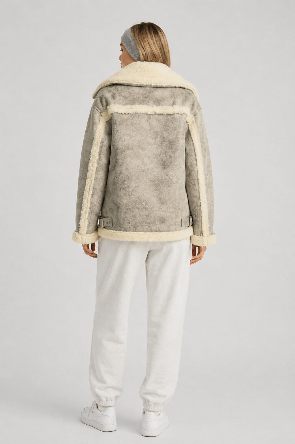 Women's White Distressed Shearling Bomber Leather Jacket