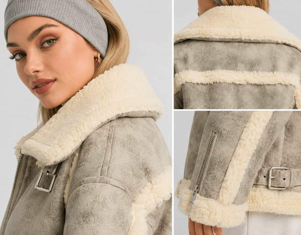 Women's White Distressed Shearling Bomber Leather Jacket