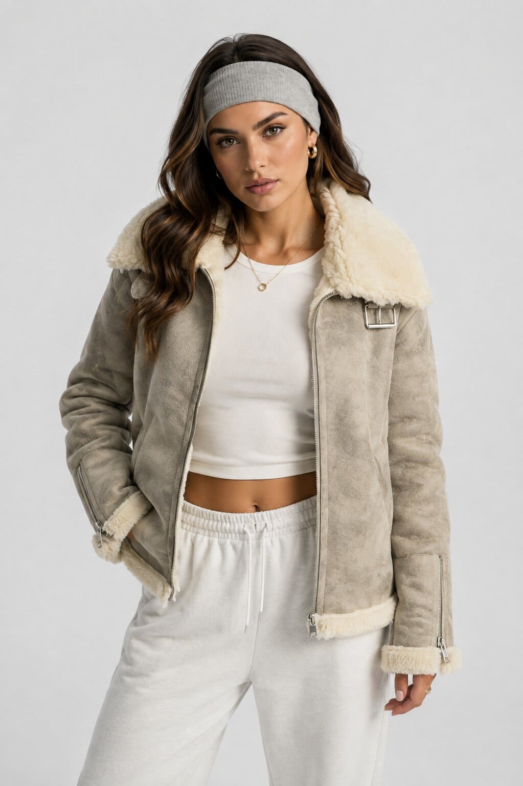 Women's White Distressed Shearling Bomber Leather Jacket