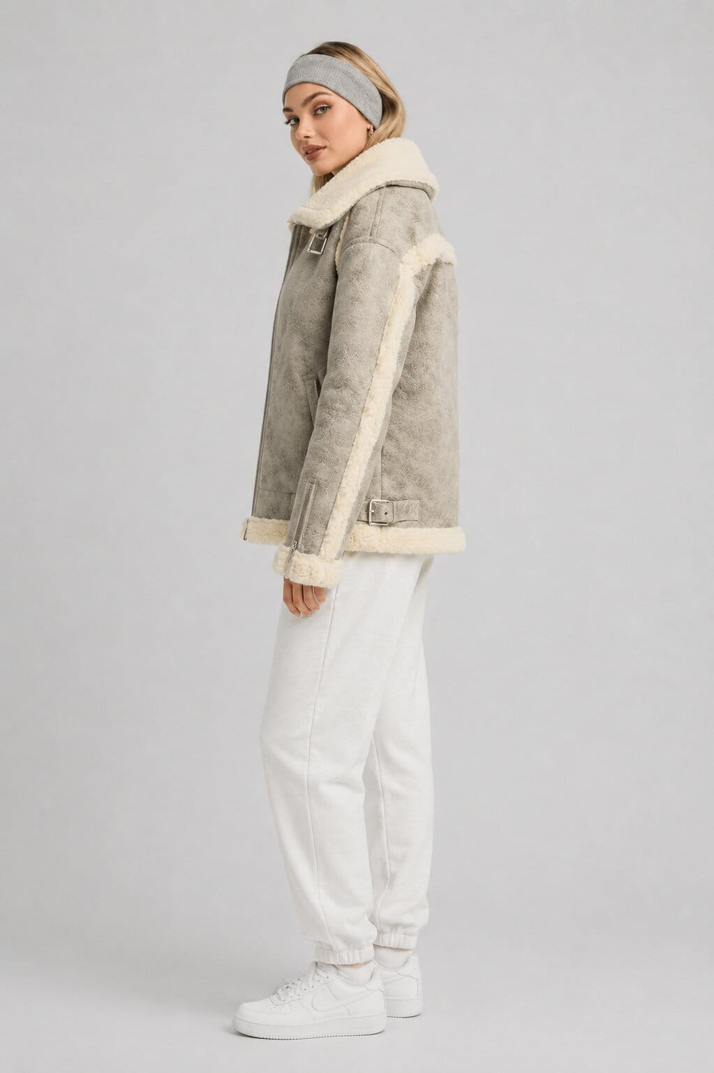 Women's White Distressed Shearling Bomber Leather Jacket