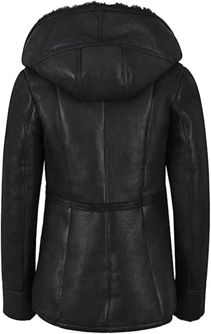 Women's Black Fur Sheepskin Parka Leather Coat