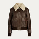 Brown Women Bomber Aviator Fur Collar Lambskin Motorcycle Shearling Leather Jacket