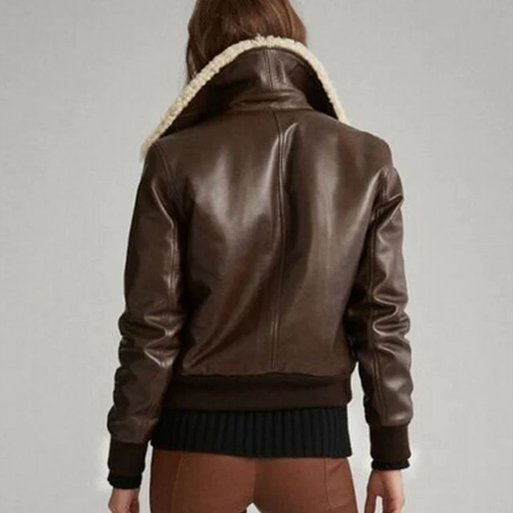 Brown Women Bomber Aviator Fur Collar Lambskin Motorcycle Shearling Leather Jacket