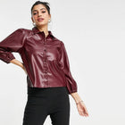 New Lipsy Genuine Sheepskin Leather Look Balloon Sleeve Shirt in wine-Red Jacket For Women