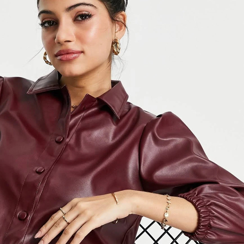 New Lipsy Genuine Sheepskin Leather Look Balloon Sleeve Shirt in wine-Red Jacket For Women