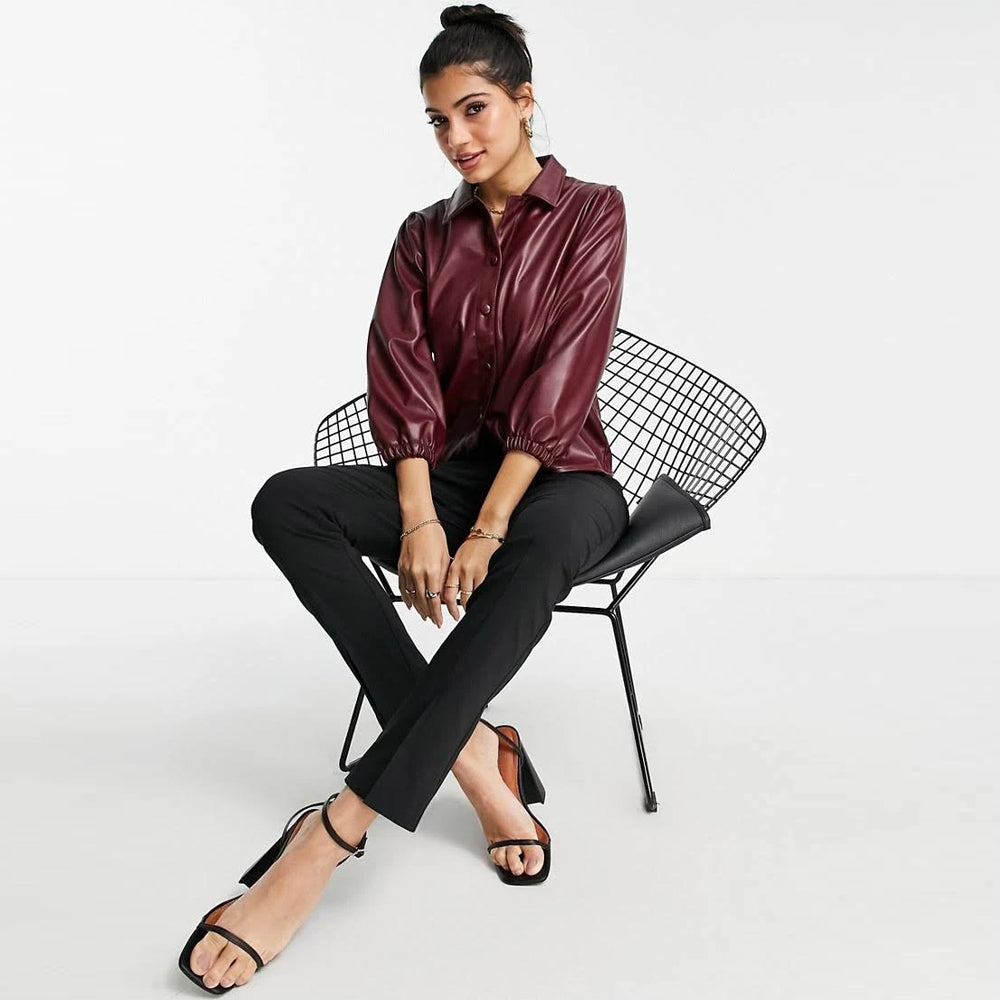 New Lipsy Genuine Sheepskin Leather Look Balloon Sleeve Shirt in wine-Red Jacket For Women