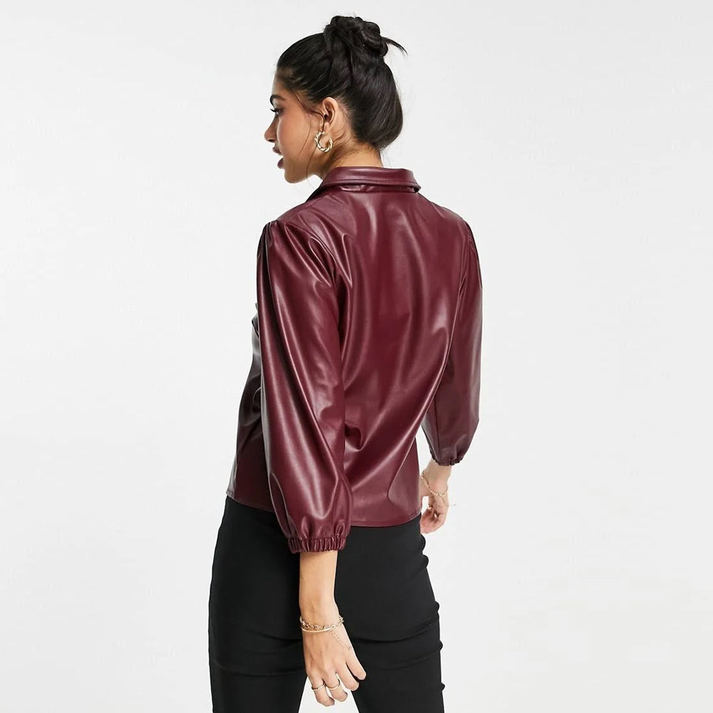 New Lipsy Genuine Sheepskin Leather Look Balloon Sleeve Shirt in wine-Red Jacket For Women