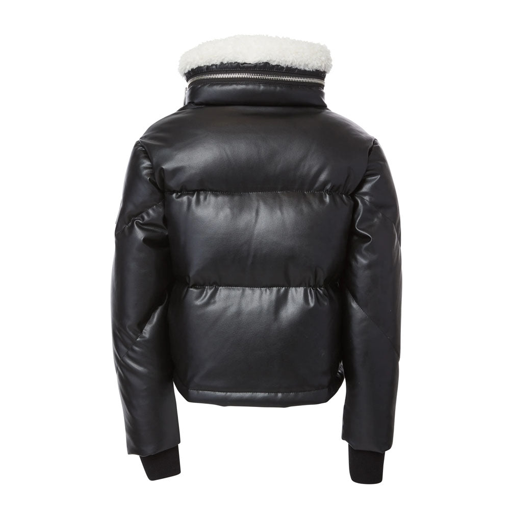 Women Puffer Bubble Fur Collar Lambskin V-Bomber Leather Jacket