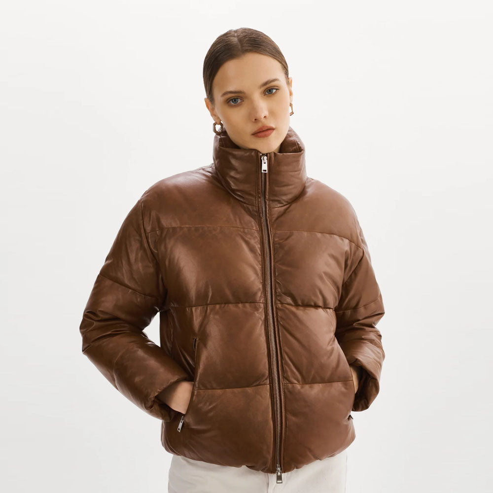 Women Bubble Brown V-Bomber Puffer Lambskin Leather Jacket