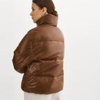 Women Bubble Brown V-Bomber Puffer Lambskin Leather Jacket