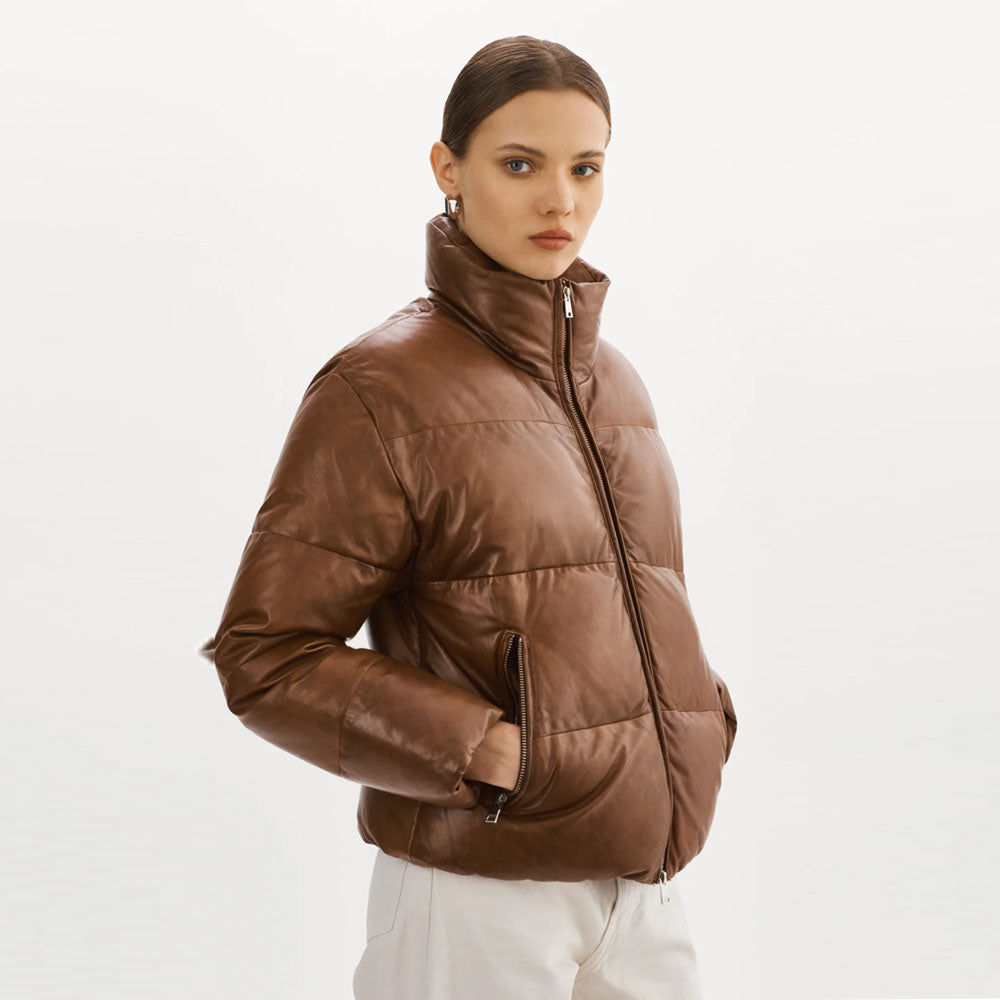 Women Bubble Brown V-Bomber Puffer Lambskin Leather Jacket