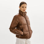 Women Bubble Brown V-Bomber Puffer Lambskin Leather Jacket