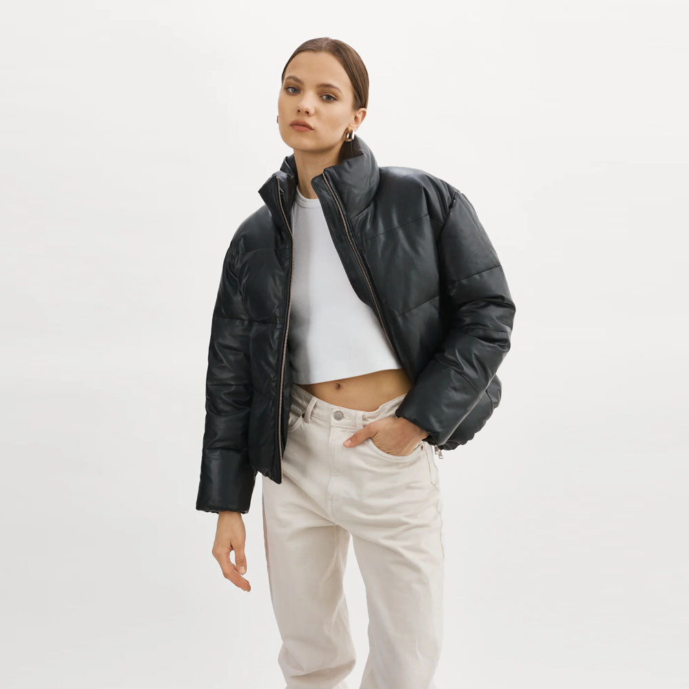 Women black Bubble Lambskin Puffer Leather V-Bomber Jacket