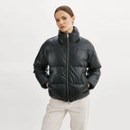 Women black Bubble Lambskin Puffer Leather V-Bomber Jacket