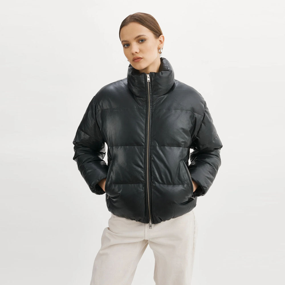 Women black Bubble Lambskin Puffer Leather V-Bomber Jacket