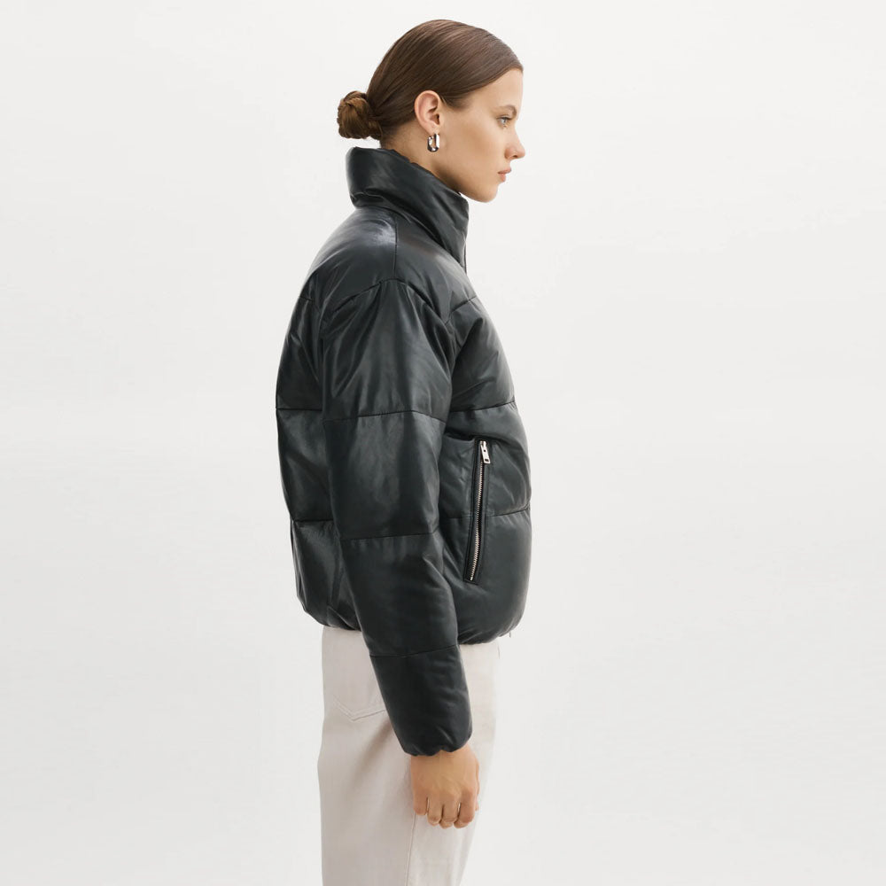 Women black Bubble Lambskin Puffer Leather V-Bomber Jacket